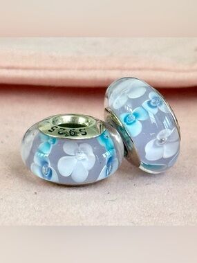 Floral Murano Glass Charms set with Blue and White flowers fit Pandora